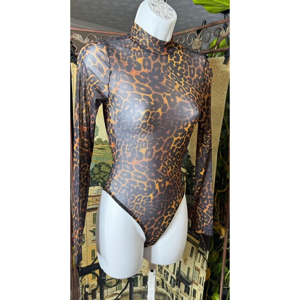 Bershka Leopard Print Mesh Bodysuit Long Sleeve High Neck